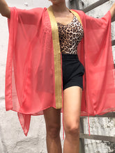 Load image into Gallery viewer, Valeria salmon pink chiffon gold saree trimmed womens beachwear resort wear beach kaftan