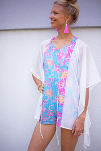 Lestari white crepe chiffon batik trimmed womens beachwear resort wear beach kaftan