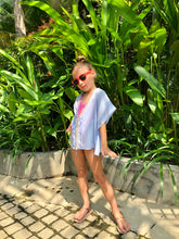 Load image into Gallery viewer, Periwinkle blue satin blend kaftan with pearl hand sewn trim, mommy and me matching beachwear beach kaftans set