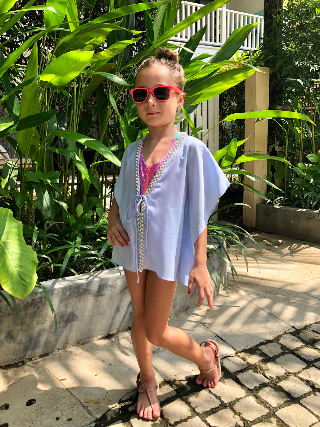 Periwinkle blue satin blend kaftan with pearl hand sewn trim, mommy and me matching beachwear beach kaftans set
