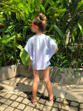 Load image into Gallery viewer, Periwinkle blue satin blend kaftan with pearl hand sewn trim, mommy and me matching beachwear beach kaftans set