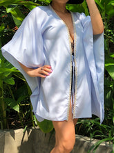 Load image into Gallery viewer, Periwinkle blue satin blend kaftan with pearl hand sewn trim, mommy and me matching beachwear beach kaftans set