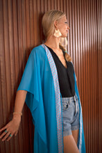 Load image into Gallery viewer, Mentari ocean blue chiffon batik trimmed long womens beachwear resort wear beach kaftan