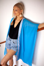 Load image into Gallery viewer, Mentari ocean blue chiffon batik trimmed long womens beachwear resort wear beach kaftan