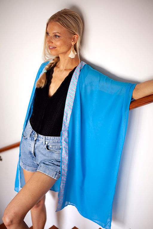 Mentari ocean blue chiffon batik trimmed long womens beachwear resort wear beach kaftan