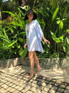 Periwinkle blue satin blend kaftan with pearl hand sewn trim, mommy and me matching beachwear beach kaftans set