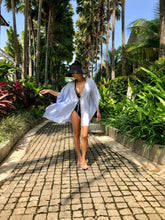 Load image into Gallery viewer, Periwinkle blue satin blend kaftan with pearl hand sewn trim, mommy and me matching beachwear beach kaftans set