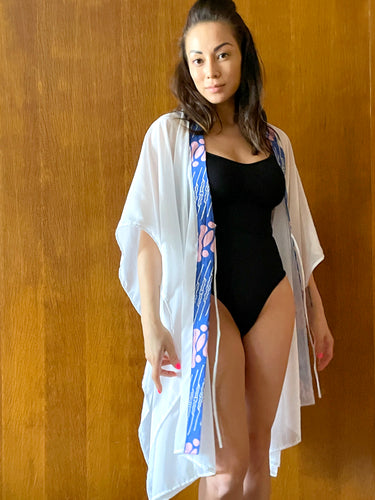 Onism collection white lurex chiffon with parang batik trim womens beachwear resort wear beach kaftan in a matching mommy and me set