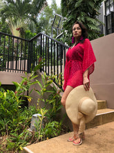 Load image into Gallery viewer, Fuchsia textured chiffon drawstring beachwear beach kaftan with rhinestone trimmed neckline and sleeves