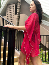 Load image into Gallery viewer, Fuchsia textured chiffon drawstring beachwear beach kaftan with rhinestone trimmed neckline and sleeves