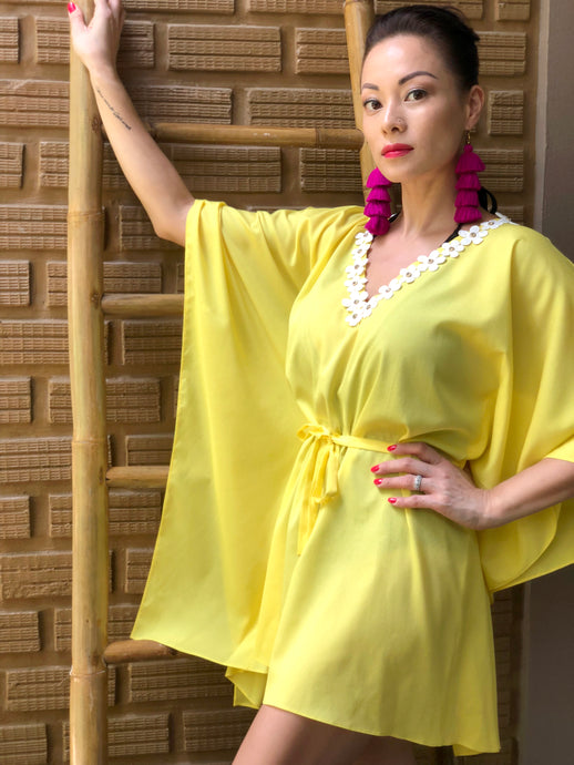 Estrelle yellow satin belted drawstring womens beachwear beach kaftan