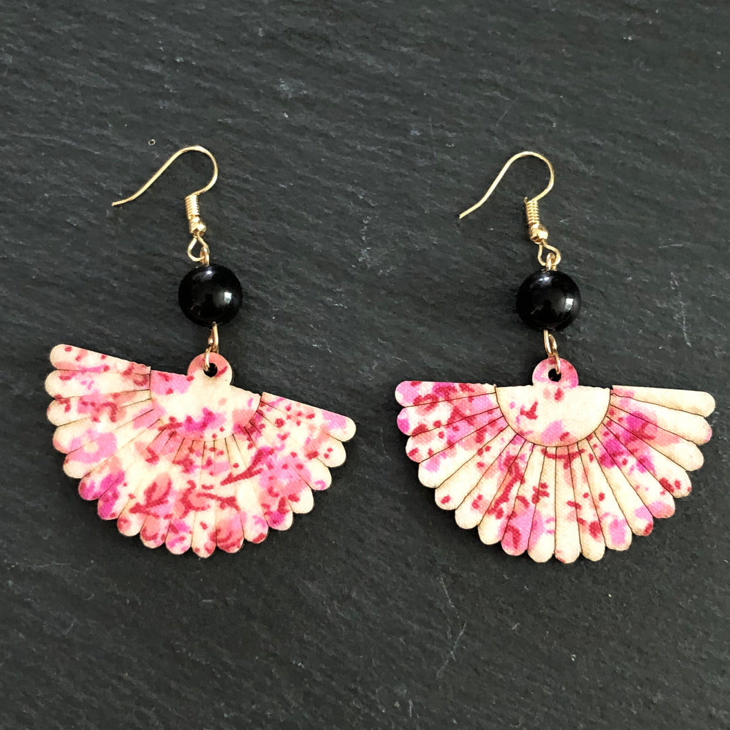 Mini Hidemi ethnic-inspired hand floral fan shaped wooden earrings in pink