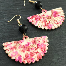 Load image into Gallery viewer, Mini Hidemi ethnic-inspired hand floral fan shaped wooden earrings in pink