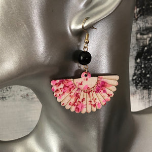 Mini Hidemi ethnic-inspired hand floral fan shaped wooden earrings in pink