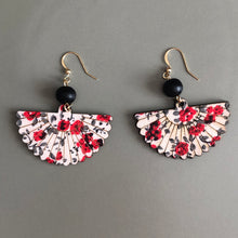 Load image into Gallery viewer, Mini Hidemi ethnic-inspired hand floral fan shaped wooden earrings in red