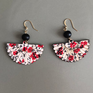 Mini Hidemi ethnic-inspired hand floral fan shaped wooden earrings in red