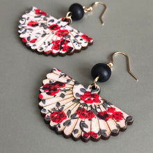 Load image into Gallery viewer, Mini Hidemi ethnic-inspired hand floral fan shaped wooden earrings in red