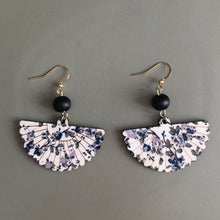 Load image into Gallery viewer, Mini Hidemi ethnic-inspired hand floral fan shaped wooden earrings in gray
