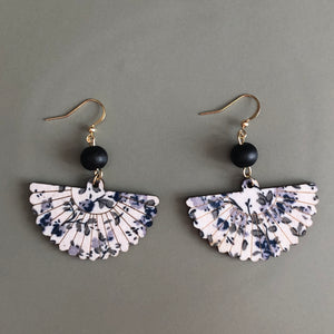 Mini Hidemi ethnic-inspired hand floral fan shaped wooden earrings in gray