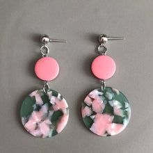 Load image into Gallery viewer, Jada two-tiered wood and marbled resin dangle earrings in pink and green
