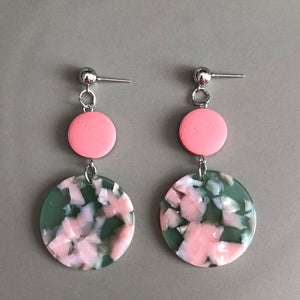 Jada two-tiered wood and marbled resin dangle earrings in pink and green