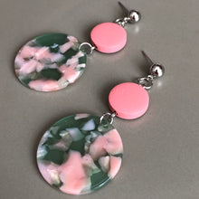 Load image into Gallery viewer, Jada two-tiered wood and marbled resin dangle earrings in pink and green