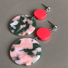 Load image into Gallery viewer, Jada two-tiered wood and marbled resin dangle earrings in watermelon and green