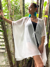 Load image into Gallery viewer, Neris white lurex chiffon silver white ribbon trimmed womens beachwear resort wear beach kaftan in a matching mommy and me set