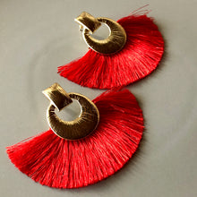 Load image into Gallery viewer, Camille boho glamorous fan tassel earrings with textured gold circle pin in red