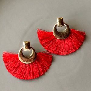 Camille boho glamorous fan tassel earrings with textured gold circle pin in red