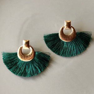Camille boho glamorous fan tassel earrings with textured gold circle pin in green