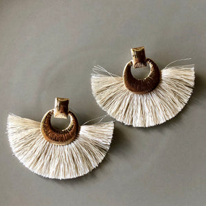 Camille boho glamorous fan tassel earrings with textured gold circle pin in cream