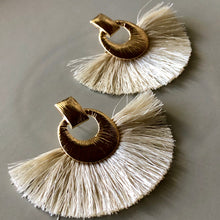 Load image into Gallery viewer, Camille boho glamorous fan tassel earrings with textured gold circle pin in cream