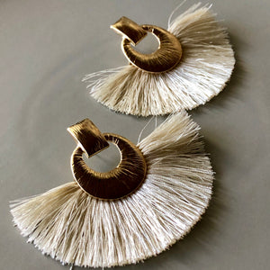 Camille boho glamorous fan tassel earrings with textured gold circle pin in cream