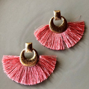 Camille boho glamorous fan tassel earrings with textured gold circle pin in blush