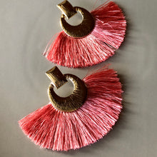 Load image into Gallery viewer, Camille boho glamorous fan tassel earrings with textured gold circle pin in blush