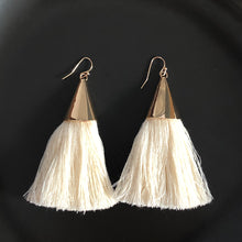 Load image into Gallery viewer, Cersei boho chic tassel earrings with gold accents in cream