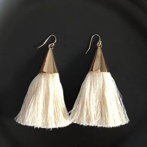 Cersei boho chic tassel earrings with gold accents in cream