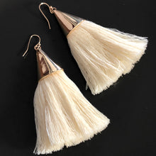 Load image into Gallery viewer, Cersei boho chic tassel earrings with gold accents in cream