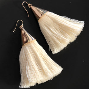 Cersei boho chic tassel earrings with gold accents in cream