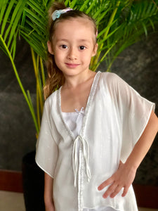 Neris white lurex chiffon silver white ribbon trimmed kids beachwear resort wear beach kaftan in a matching mommy and me set