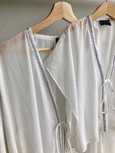 Load image into Gallery viewer, Neris white lurex chiffon silver white ribbon trimmed womens beachwear resort wear beach kaftan in a matching mommy and me set