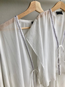 Neris white lurex chiffon silver white ribbon trimmed kids beachwear resort wear beach kaftan in a matching mommy and me set