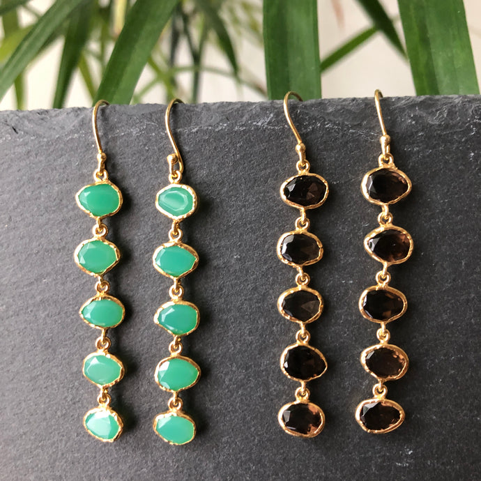 Celena 5-stone gold-plated earrings chryso chalcy and smokey quartz