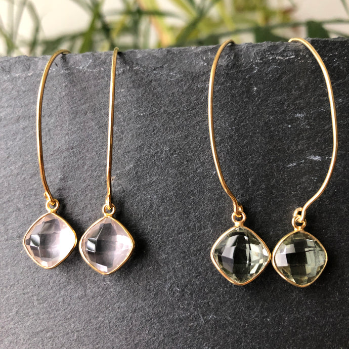 Lilis gold plated dangle earrings green amethyst and pink quartz