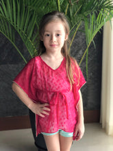 Load image into Gallery viewer, Fuchsia textured chiffon drawstring kids beachwear beach kaftan with rhinestone trimmed neckline and sleeves