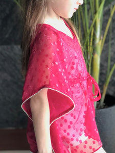Fuchsia textured chiffon drawstring kids beachwear beach kaftan with rhinestone trimmed neckline and sleeves