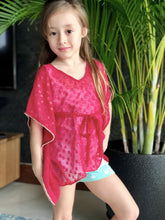 Load image into Gallery viewer, Fuchsia textured chiffon drawstring kids beachwear beach kaftan with rhinestone trimmed neckline and sleeves