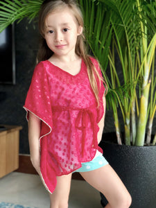 Fuchsia textured chiffon drawstring kids beachwear beach kaftan with rhinestone trimmed neckline and sleeves