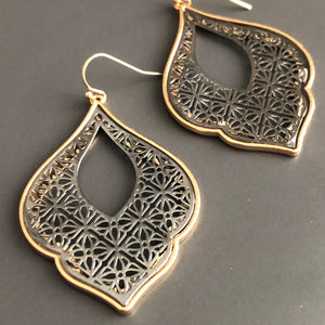 Naya ethnic inspired metallic tear drop earrings gunmetal and gold